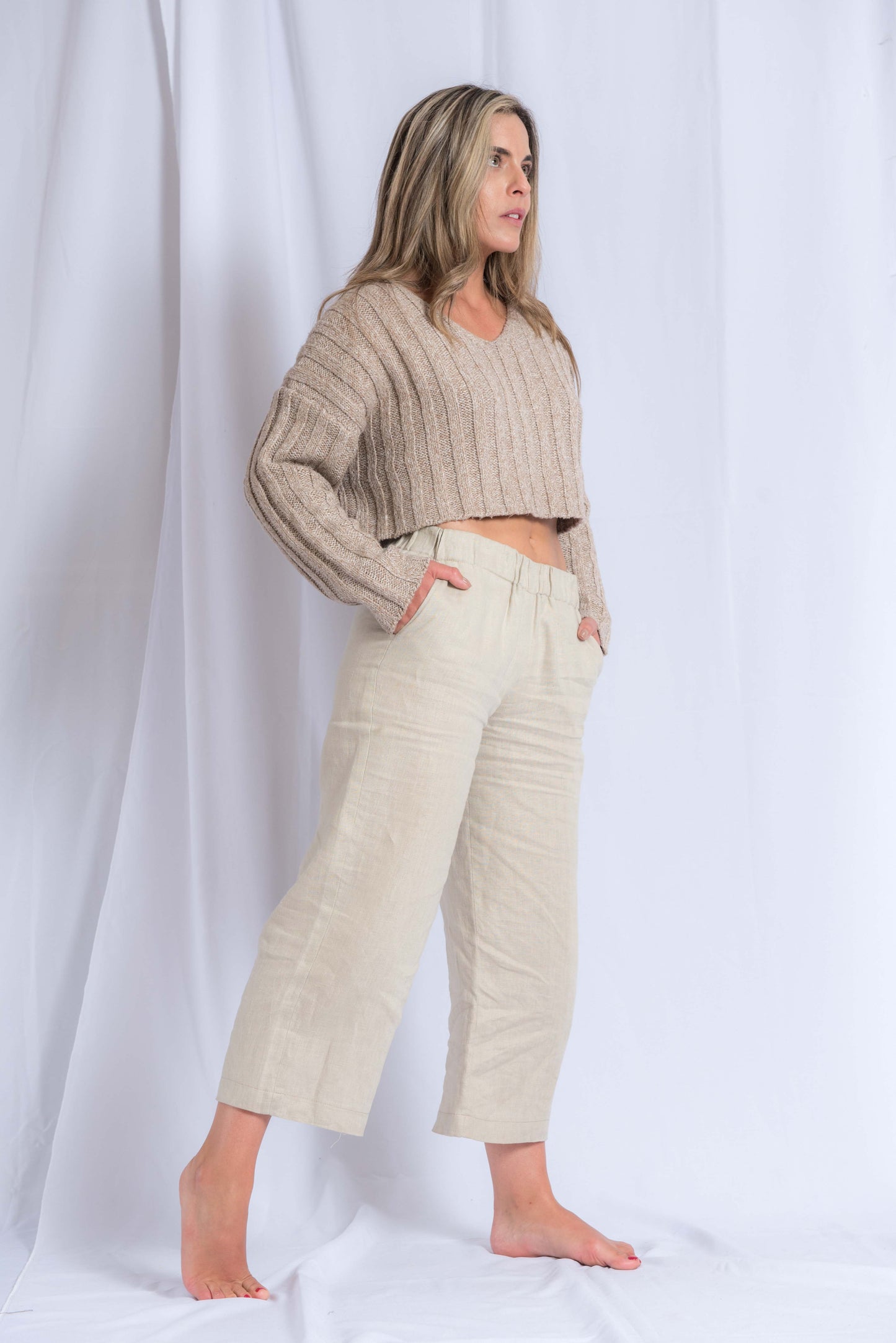PANTALÓN DE LINO EGIPCIO BAGGY CON BOLSILLOS Y ELÁSTICO EN LA CINTURA