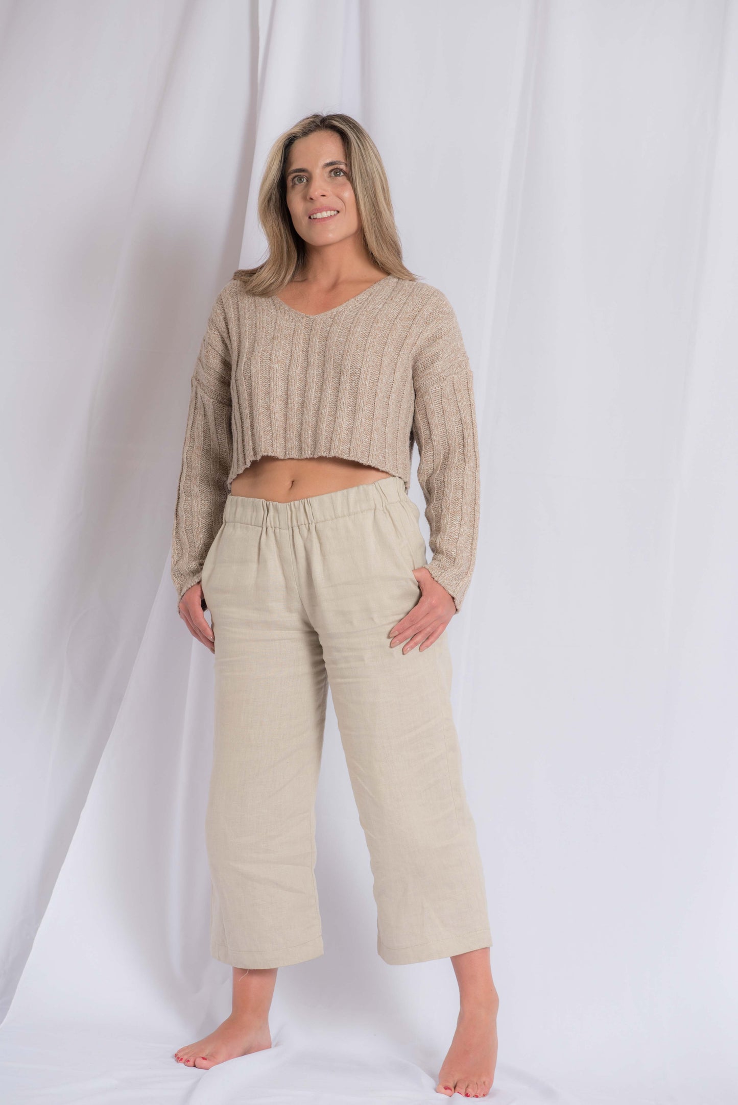 PANTALÓN DE LINO EGIPCIO BAGGY CON BOLSILLOS Y ELÁSTICO EN LA CINTURA