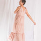 VESTIDO CAMISERO  DE LINO  LIVIANO ROSADO , MIDI, DE TRES VUELOS