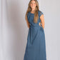 VESTIDO LARGO EN ALGODÓN TIPO DENIM, CON  DETALLE DE ABERTURA  AJUSTABLE  EN LA CINTURA
